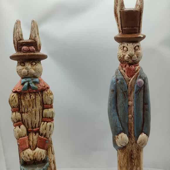 Ceramic Easter Bunny Figurines Hand Painted Rustic Male & Female Home Decor - Picture 7 of 12